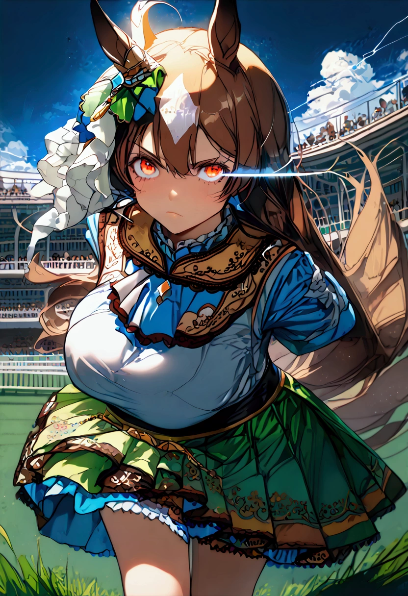 ((( Satono Diamond 1  )))、(((Brown Hair)))、(((White bangs)))、((( long hair)))、((( Green Horse Girl Skirt Costume)))、(((  who owns a horse&#39;ear)))、 Horse's Tail、(((((execution)))))、(((((walk short distance)))))、((Glowing Eye Trail  ))、((Glare with sharp eyes))、((frown))、((scowl))、(( Master Karate ))、(((speed)))、(((blue sky)))、(((Turf)))、(((Racecourse)))、「  top quality、  Masterpiece  、   Illustration  、  so delicate and beautiful 、 非常に Detailsな、CG、8k wallpaper、 wonderful、  Details、  Masterpiece  、最高の究極の芸術 非常に Detailsな CG Unity 8k wallpaper」、giant body huge chest 、((( Big cleavage))、(   Details Delicate Hair   )、(Delicate skin )、(   Delicate Face with Details   )、( Detailsで繊細な手 )、(  Details and Delicate Legs   )、(  Detailsで繊細な衣装)、(Perfect Legs)、(Perfect Arms)、(  perfect face)、Thunder and Lightning 