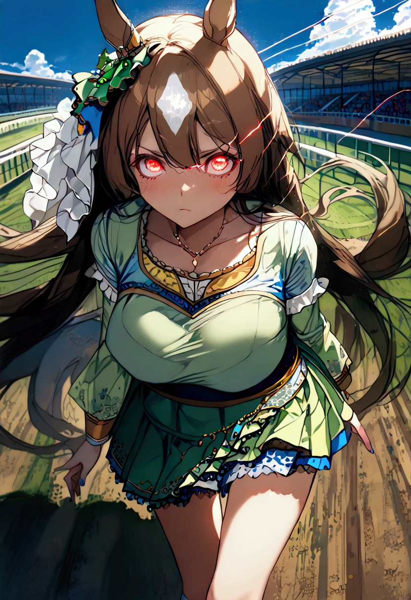 ((( Satono Diamond 1  )))、(((Brown Hair)))、(((White bangs)))、((( long hair)))、((( Green Horse Girl Skirt Costume)))、(((  who owns a horse&#39;ear)))、 Horse's Tail、(((((execution)))))、(((((walk short distance)))))、((Glowing Eye Trail  ))、((Glare with sharp eyes))、((frown))、((scowl))、(( Master Karate ))、(((speed)))、(((blue sky)))、(((Turf)))、(((Racecourse)))、「  top quality、  Masterpiece  、   Illustration  、  so delicate and beautiful 、 非常に Detailsな、CG、8k wallpaper、 wonderful、  Details、  Masterpiece  、最高の究極の芸術 非常に Detailsな CG Unity 8k wallpaper」、giant body huge chest 、((( Big cleavage))、(   Details Delicate Hair   )、(Delicate skin )、(   Delicate Face with Details   )、( Detailsで繊細な手 )、(  Details and Delicate Legs   )、(  Detailsで繊細な衣装)、(Perfect Legs)、(Perfect Arms)、(  perfect face)、Thunder and Lightning 