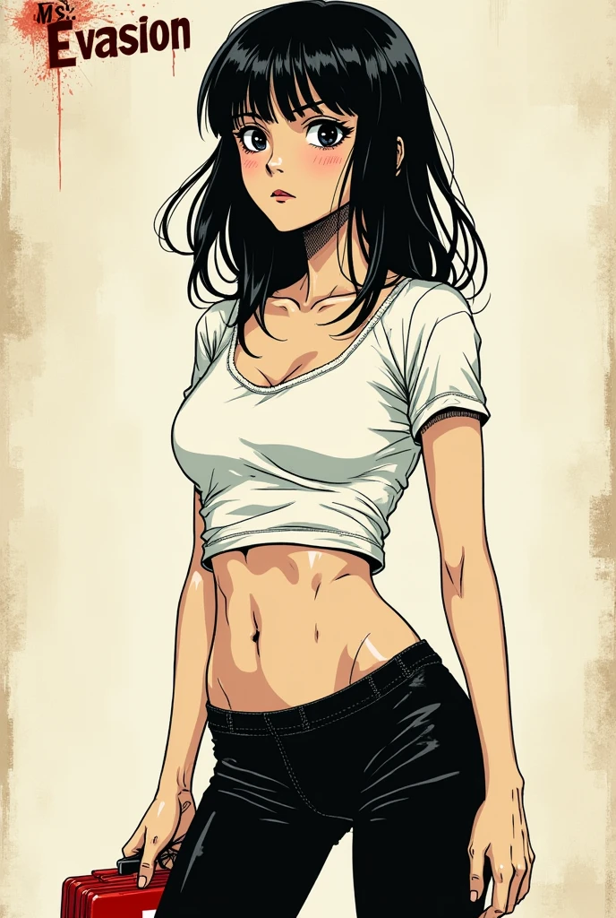 in style of Santiago Caruso,(halfbody:1.8),1girl,独奏,ghostwhite long hair,Smile,White eyebrows,White lips,White background,Hand wrapped around the bandage,Sweat on the skin,Finger on mouth,Lean forward,((One hand on waist)),Black jeans,Short sports tube top, thong ,Sunburn,Bare shoulders,Thin necklace,Strong abdominal muscles,Big ,skinny body,sketch,Black and White,monochrome,wide angle,From below,breasts focus,