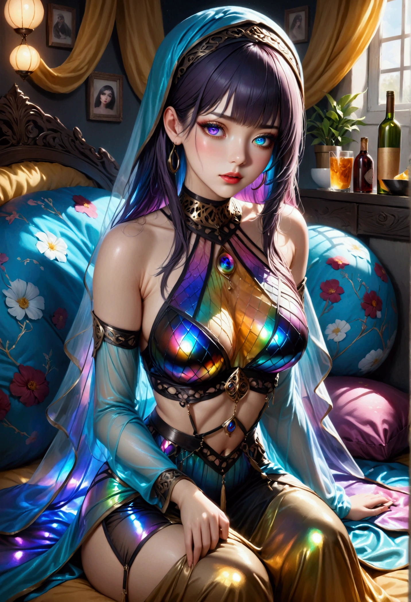 (ultra realistic,32k, masterpiece:1.2),(high detailed skin:1.1),( 8k uhd, dslr, high quality:1.1),
<lora:yelan_v1:0.7>aayelan, short hair, bob cut, braid, (green eyes:0.8), earrings, neck tassel, cleavage, blue dress, sleeveless, bracelet, asymmetrical gloves, gloves, elbow gloves, pelvic curtain , <lora:add_detail:0.79>, (huge breast:1.1),
(looking at viewer, sitting:1.1),,
,(bioluminiscent:1.1),blank background, colorful background light