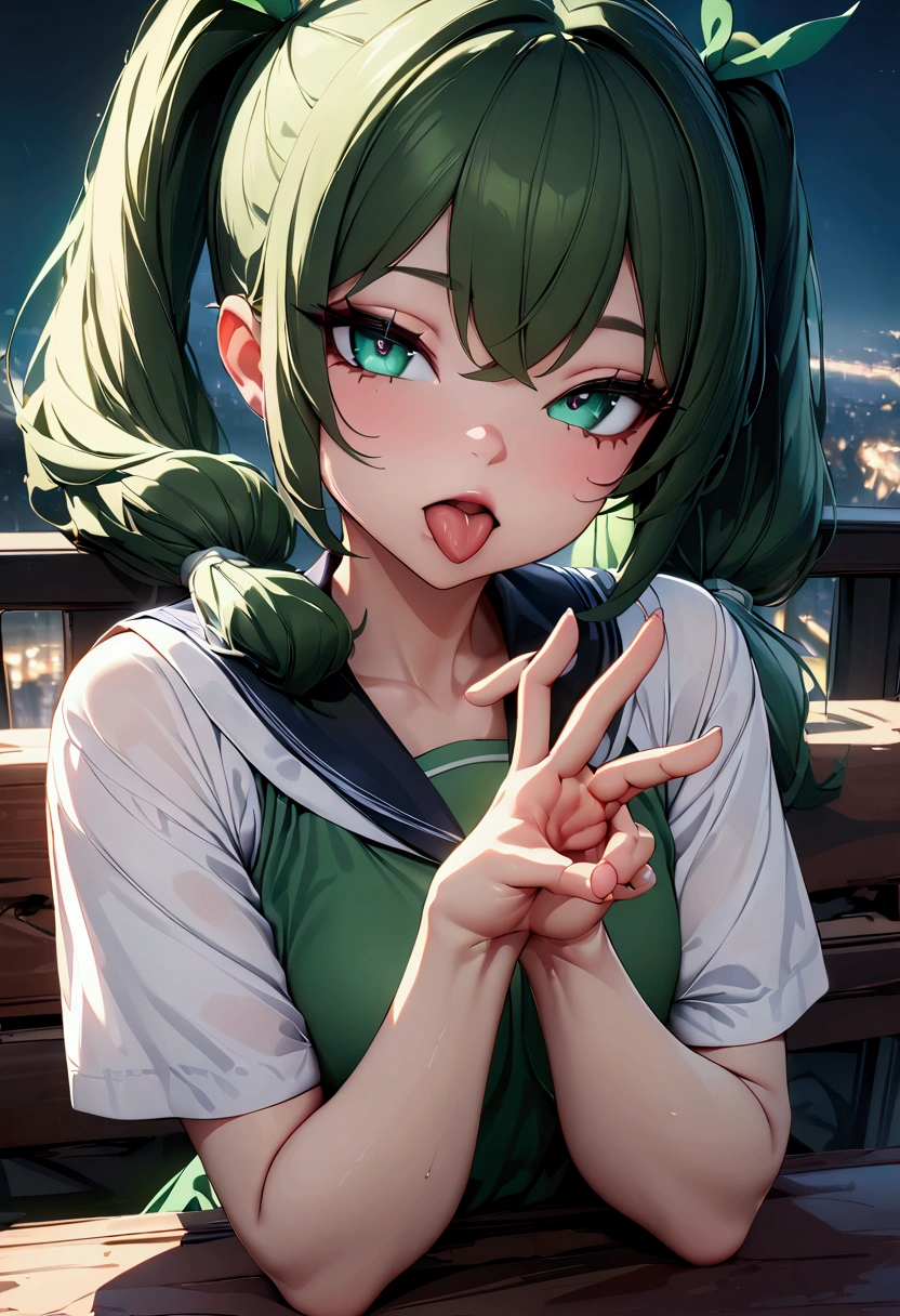 Qingyi, Night view, Beauty, Beautiful eyes, uhd, retina, masterpiece, ccurate, anatomically correct, textured skin, super detail, high details, high quality, best quality, highres, 4K, pigtails, green hair, tongue out, fellatio gesture 