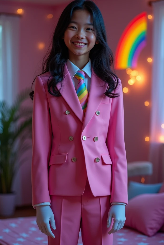 14 year old girl wearing rainbow tuxedo