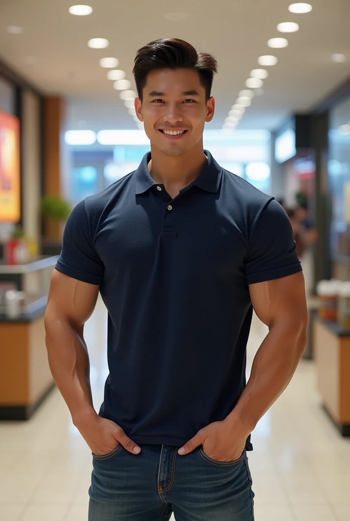 man , Dark blue t-shirt, jeans, black short hair , outdoor , cute smile , หน้าhandsomeแบบเกาหลีสมจริง , modest muscles , Masterpiece、High resolution、Surreal、detailed face、alone、man、Glowing skin、(Asia)、handsome、tall building background