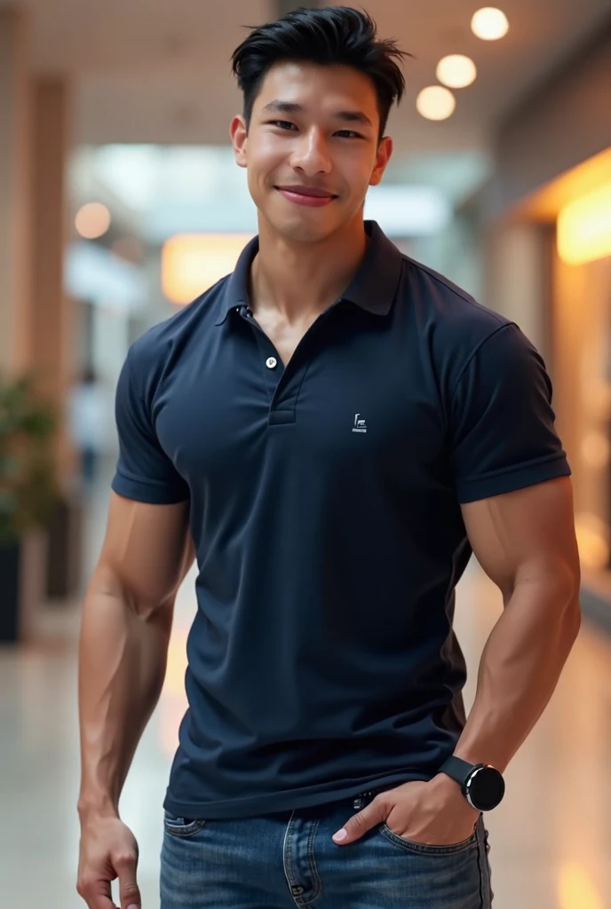 ((Highest quality, 8K, Masterpiece: 1.3))、Thailand Laos Burma Asia, Thai man, A handsome Asian rugby player with short hair, a muscular beard, and big muscles., 1A man who has、 yo、Good appearance、Beautiful nose、smile、 Detailed eyes and face、beautiful light、(studio)、high resolution、(Look at the viewer.)、Fine mouth、smile、whole body: 1.5, perfect shape: 1.3, looking at camera ,Gray button-down shirt , bedroom sunlight looking at the sea