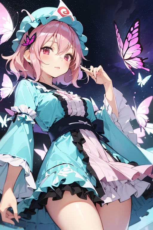  masterpiece,  High Definition , best quality,8k,Girl ，1girl in, Solo, 
(Saigyouji Yuyuko, butterfly, bug, hat, Pink hair, Triangular headpiece, Night, Pink eyes, Short hair, )