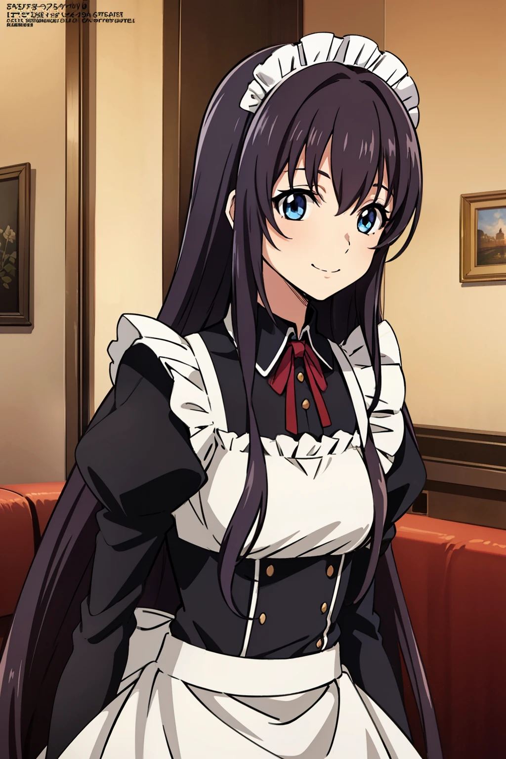 1 girl, cute, black hair, long hair, 髪band, (looking back), (smile), (Gothic coffee shop), ((maid)), (anime cels style, Masterpiece, best quality, high resolution, anime colored, megami magazine:1.2, anime poster style, anime keyvisual, sharp, 8k, photorealistic), beautiful blue eyes