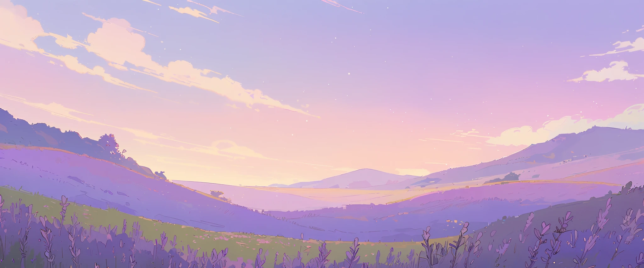 LAVENDER landscape , Pastel Purple Colors ,Ghibli ,Lofi ,cute ,landscape