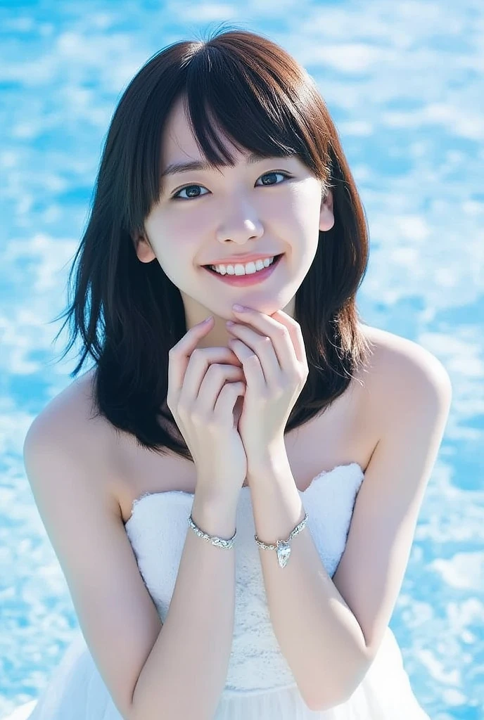 The images are very detailed and、 so incredibly high resolution 、It gives the illusion of reality . photo of adult japanese woman,  beautiful and charming , Filmed by the pool.  her face is clearly reflected ,  and she is staring at the viewer with a warm and gentle smile .  her white skin shines in the sun ,  her The ,  medium boobs that can use magic.  her long dark hair cascading down gracefully around her shoulders ,  enhance her beauty .  she's facing straight to the camera , Sunbathing.  The composition emphasizes that only her upper body is visible ,  above the knee,  background emphasizes a slender figure and a thin waist, and a calm pool and bright blue sky create a relaxed atmosphere.,(naked、Nipples:2.0)