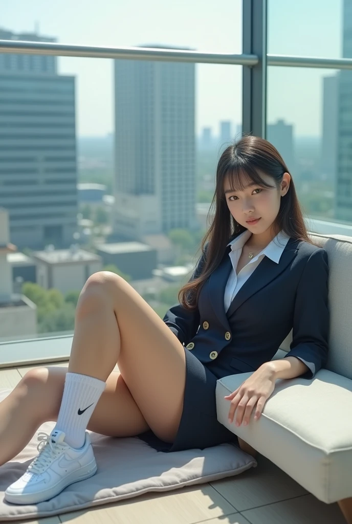 Ultra-high resolution,(reality: 1.4),Highest quality, masterpiece, High detail, 16K quality, beautiful, 1 beautiful girl,Japanese,super beautiful face,Baby Face,Japanese idol face,Cute face,Highly detailed face,Detailed hands,beautiful skin,Oily skin,Big eyes,Professional Lighting,Long Hair,Brown Hair,black beautiful eyes, Big smile,Sitting with your knees up, (Skirt flip),Big Breasts,Navy Blue Blazer,Sheer white shirt,Open button,Cleavage,(Check skirt),White panties,(Showing panties),Camel Toe,Black high socks,Spread your legs, She is looking at the camera,Skyscraper rooftop, blue sky,Browsing Caution,from the front,