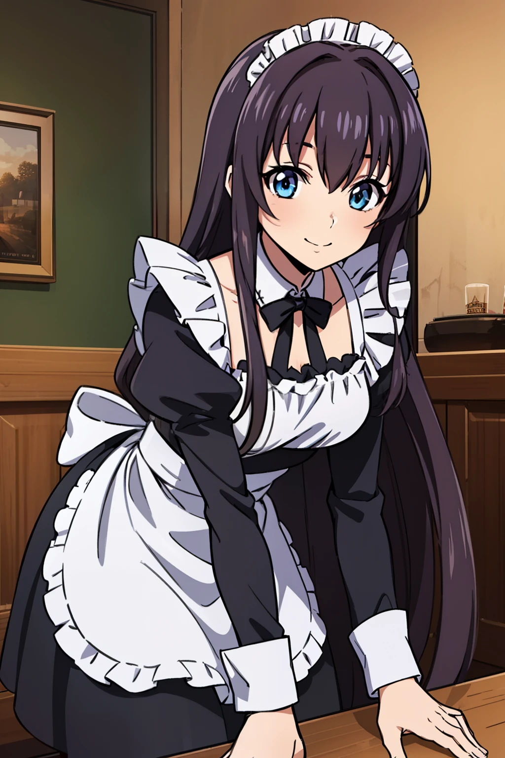 1 girl, cute, black hair, long hair, 髪band, (Bending over), (smile), (Gothic coffee shop), ((maid)), (anime cels style, Masterpiece, best quality, high resolution, anime colored, megami magazine:1.2, anime poster style, anime keyvisual, sharp, 8k, photorealistic), beautiful blue eyes