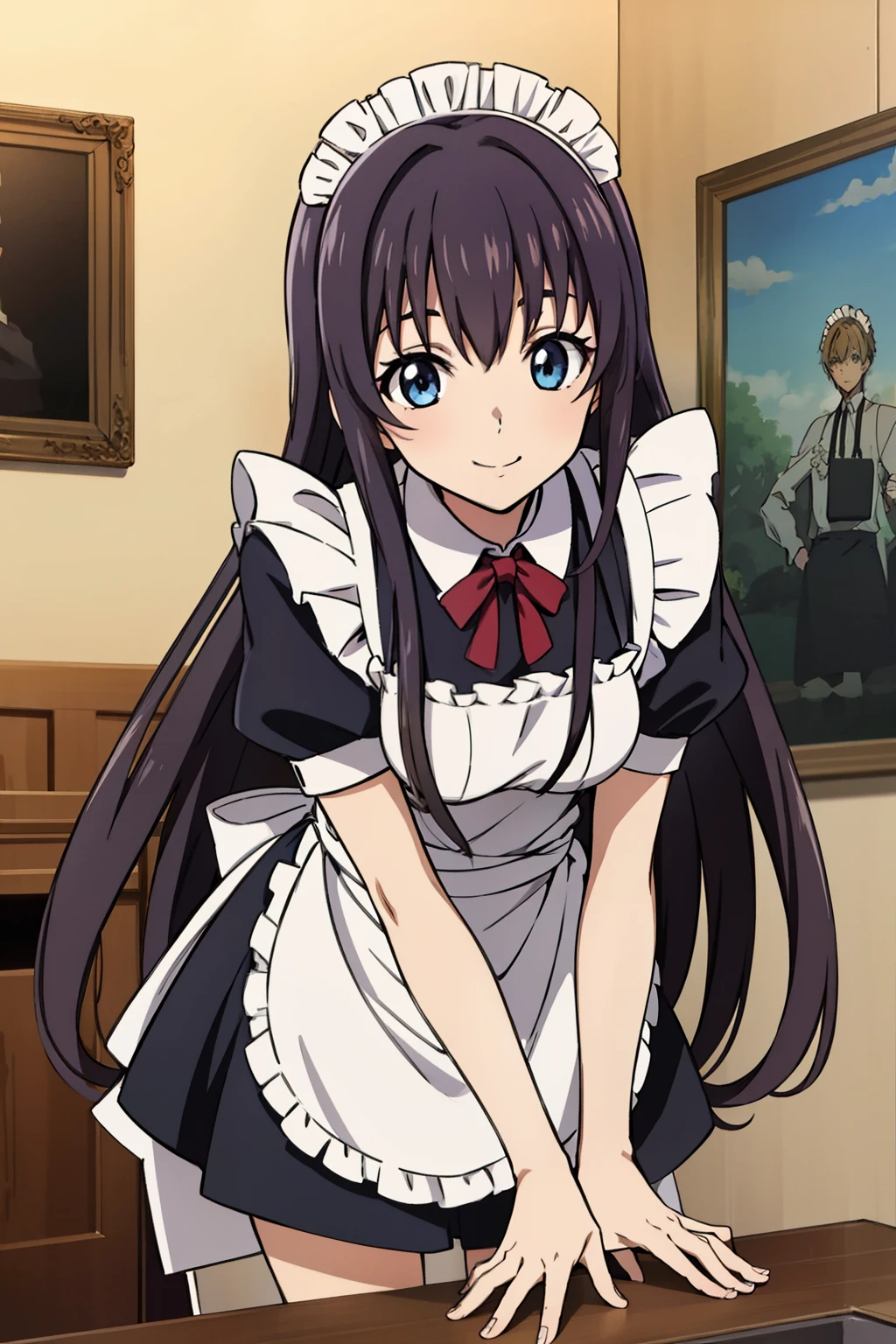 1 girl, cute, black hair, long hair, 髪band, (Bending over), (smile), (Gothic coffee shop), ((maid)), (anime cels style, Masterpiece, best quality, high resolution, anime colored, megami magazine:1.2, anime poster style, anime keyvisual, sharp, 8k, photorealistic), beautiful blue eyes