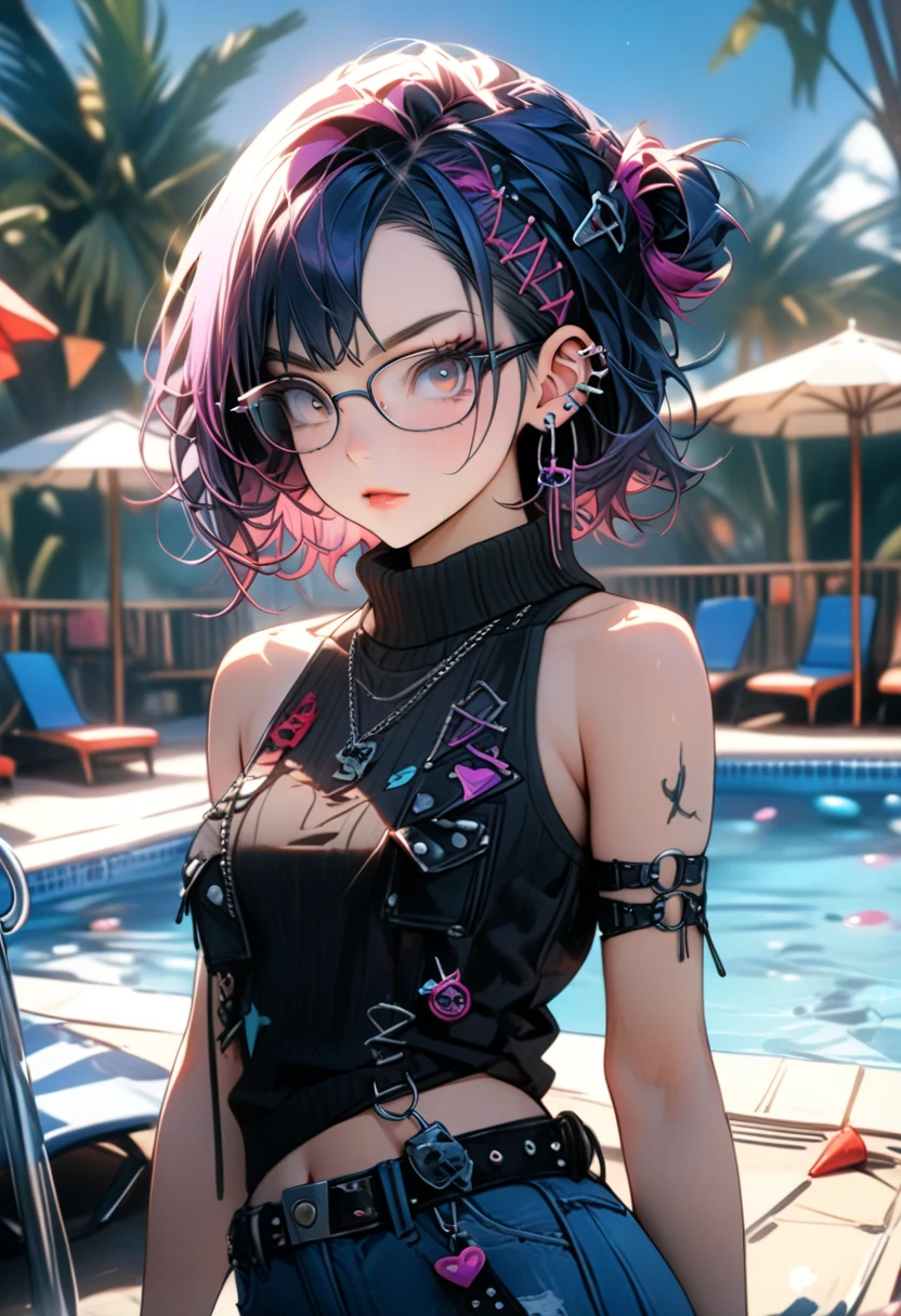  girl ,  Ear Clips ,  One-side Comb Hairstyle,  Short Hair , punk,  Gothic Arm Net ,  Gothic Style ,   Sleeveless Sweater , jeans,  Toy Belt , Hand Keychain , glasses, decorations,  Perfect anatomy ,  Background Beach Resort , pool, Umbrellas,  best quality, masterpiece, 8 k,  complex details , bright colors,  is as detailed as possible, 