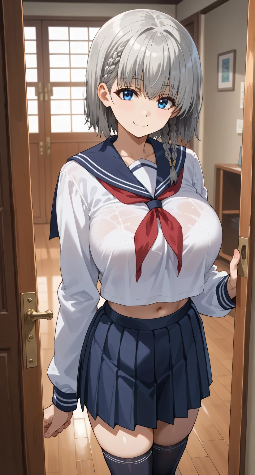 Source anime, Tall girl, Fit girl,score_9, score_8_up, score_7_up, score_6_up, ultra-detailed, shadowbeta, beta, short hair, blue eyes, braid, grey hair, huge breast, seductive smile, shinny hair,
1girl, solo, school_uniform, skirt, serafuku, socks, kneehighs, pleated_skirt, black_socks, neckerchief, red_neckerchief, long_sleeves, looking_at_viewer, shirt, standing, sliding_doors, sailor_collar, white_shirt, hand_up, smile, navel,