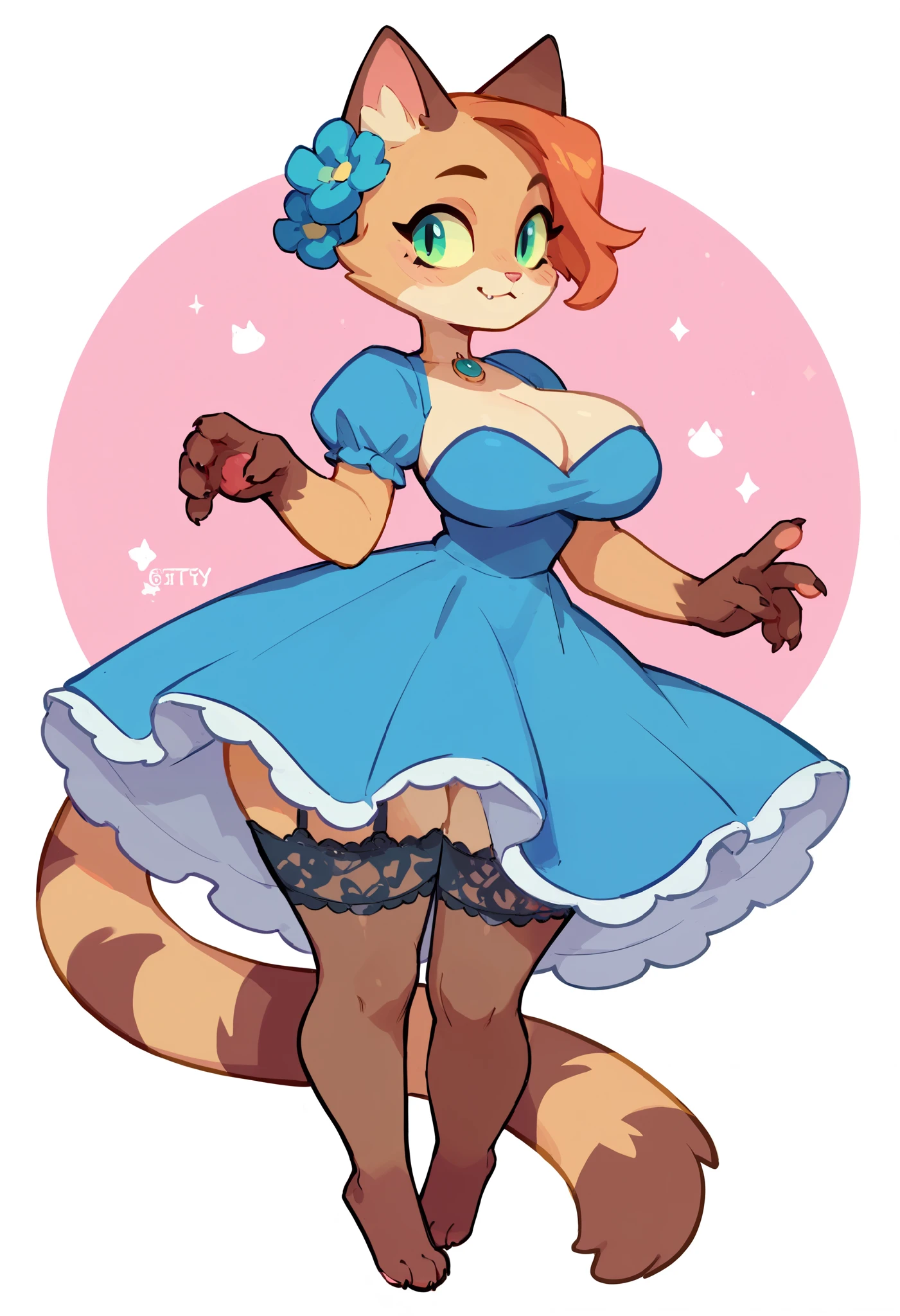 The Q version of the cute furry cat, anthro, female cat, big breasts, big hips, female body, woman, female, dress, paws, garter belts, lace stockings, ((Flirty))