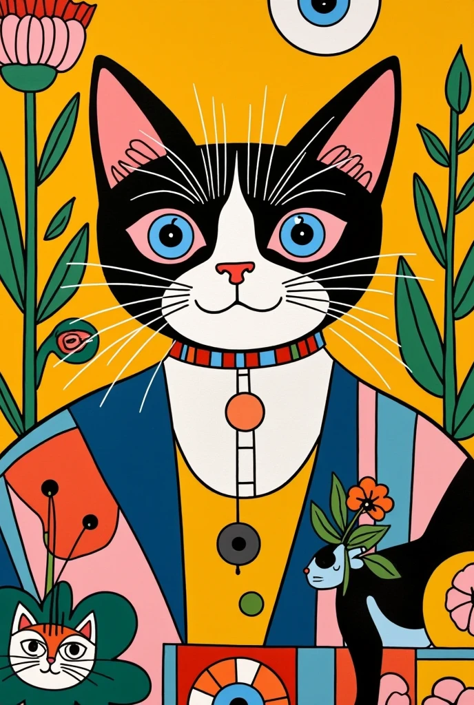 pretty illustration of cat, bright rustic palette, in the style of bold block prints, alice pattullo, Laurie hastings, claire halifax, soft, fauvist color explosions, miniature and small, paintings, stenciled iconography