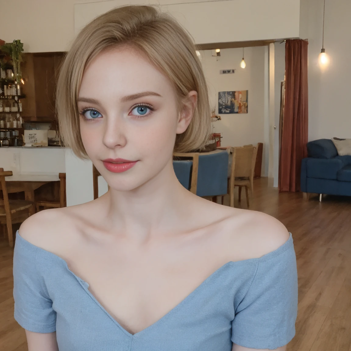 belledel, chuuChloe, (petite woman:1.3), American, (short blonde hair:1.3), (striking blue eyes:1.3), detail girl face, slim upper body, (small breast:1.5), curvy lower body, wide hips, realistic skin texture, full body, indoors, wide shot, full body, red clothing