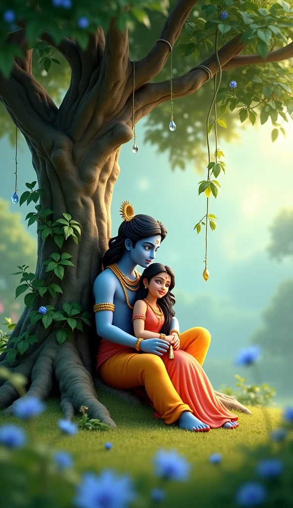 Ram and Sita sitting on a beautiful peacock 
And on his front there are colofull birds eating Seeds
Background is raining in forest 