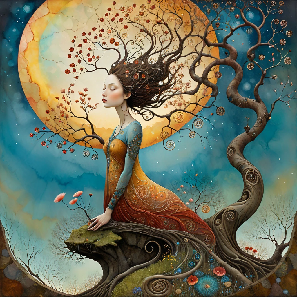 oil and acrylic painting. In the style of Andy Kehoe and Tracy Grimwood, Catrin Welz-Stein, Klimt. yggdrasill treenaked woman on a tuff promontory. The tree's trunk is twisted, cracked, its branches are of transparent blown glass expanding toward the sky in ellipses , its large roots are of rusty metal and sink into the ground. Dandelion flowers, poppies, swamp flowers, cherry blossoms, peach blossoms bloom. Sun disc-shaped polychrome buds with marbled spirals, sun rays like strands of coral. Warm colors, ochre yellows, browns, shades of blue, reds .