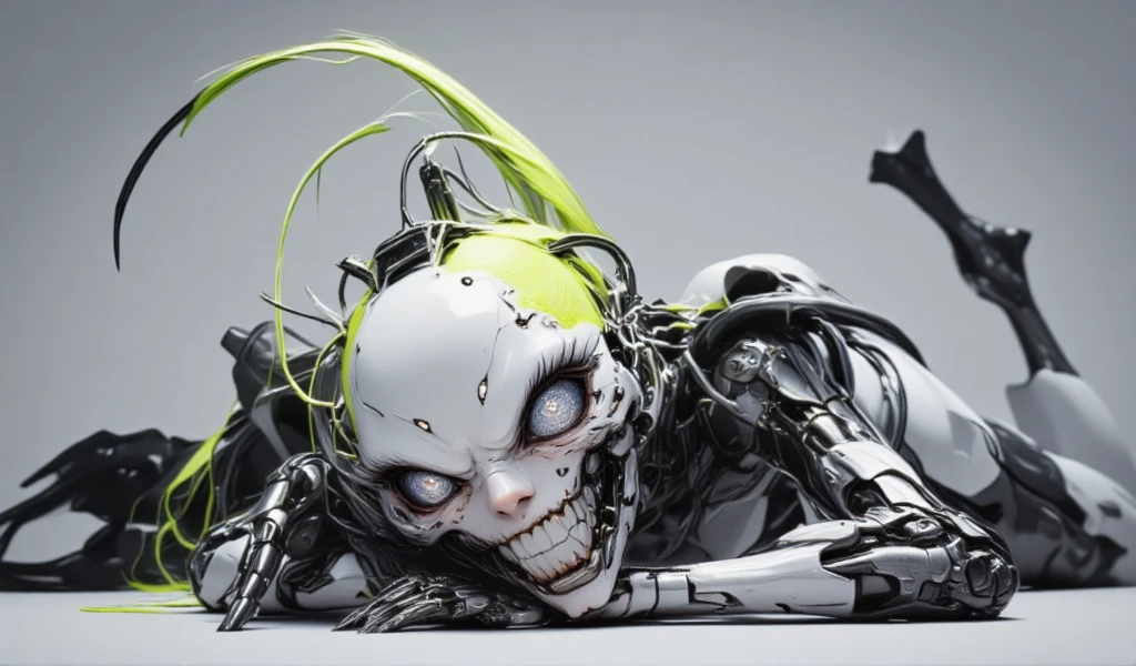 a Korean cyborg .
 Crystal gray eyes , robotic lashes ,  exposed mechanical parts .
 Shimmering white skin . 
Robotic body, com  exposed mechanical parts . 
 is lying down looking angry .
 full body .
 Simple gray background .
 Plump and voluminous silver-colored lips.
 Neon colored hair , obfuscating. 
 Sharp metallic teeth .
32K, HDR, UHD. 