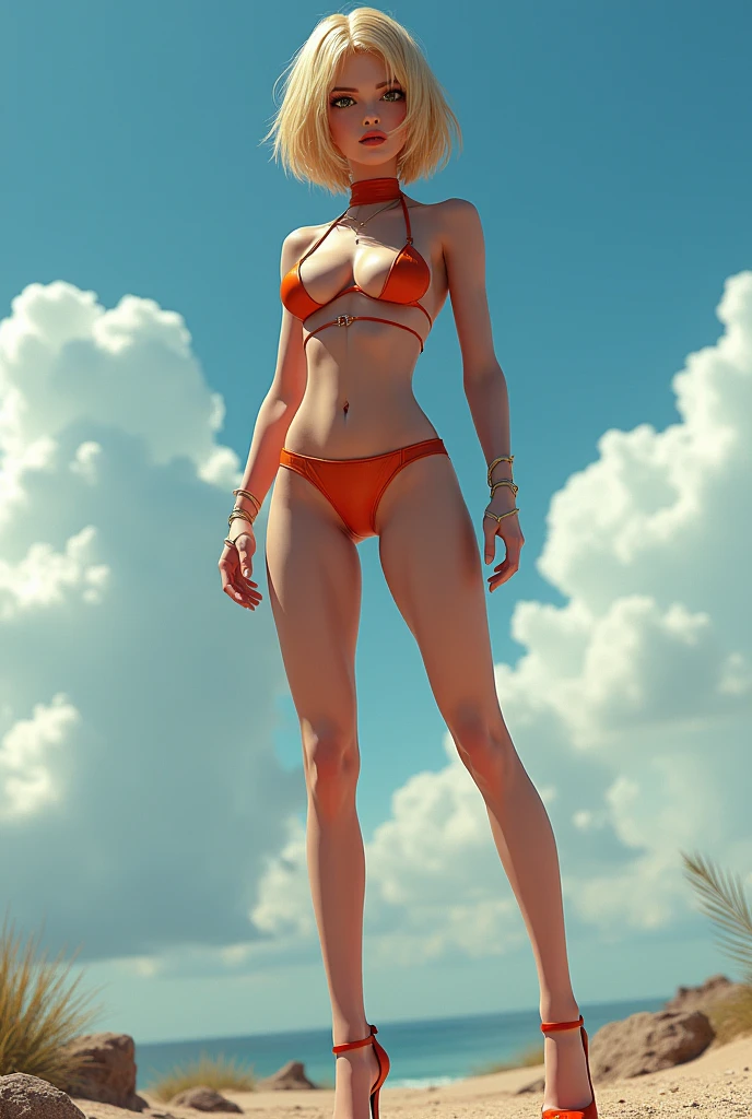 (a little bit chubby: 1.7) wide hips, thick thighs, thick body, pale skin, milky skin, (no jacket: 1.3), anatomically correct, (head to toe: 2.1), (full body image: 1.9), 1girls, solo, extremely stylized, deviant art, masterpiece, highly detailed, bright eyes, detailed eyes, expressive detailed eyes, wide eyed, detailed pupils, futuristic, (tiny bikini:1.4), white printed bikini, blush, small breasts, ((nipping out:1.5)), (((nipping out))), lots of freckles, super textured detailed skin, entire body image, full body shot, nvinkpunk, professional photograph of alexander_skarsgard,