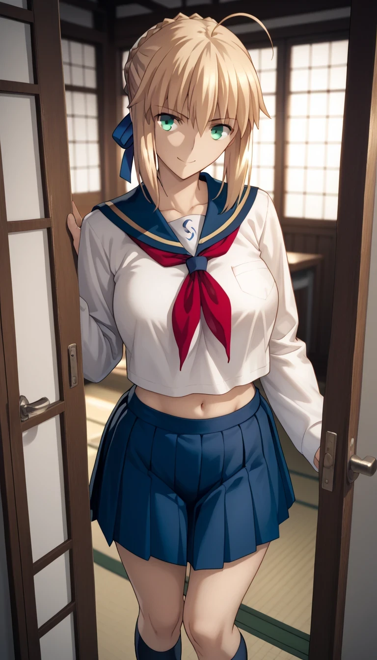 Source anime, Tall girl, Fit girl,score_9, score_8_up, score_7_up, score_6_up, ultra-detailed, artoria pendragon, artoria pendragon \(fate\), saber, blonde hair, green eyes, ahoge, sidelocks,
hair bun, single hair bun, braid, ribbon, hair ribbon, large breast, seductive smile, shinny hair, 1girl, solo, school_uniform, skirt, serafuku, socks, kneehighs, pleated_skirt, black_socks, neckerchief, red_neckerchief, long_sleeves, looking_at_viewer, shirt, standing, sliding_doors, sailor_collar, white_shirt, hand_up, smile, navel,