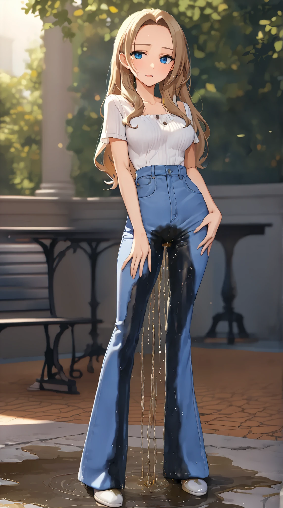 ((best quality, masterpiece:1.3, 8K)), (detailed), highly detailed face and skin texture, detailed eyes, full body, outdoor night, (slender body:1.1), 1girl, (solo), (18+ years old), white skin, bright lips, worried, embarrassed, panicking, long hair, (forehead:1.0), (evening outfit:1.2), medium breast, (jeans pants:1.5, blue jeans:1.5), (((wetting herself:1.8))), desperation:1.2,