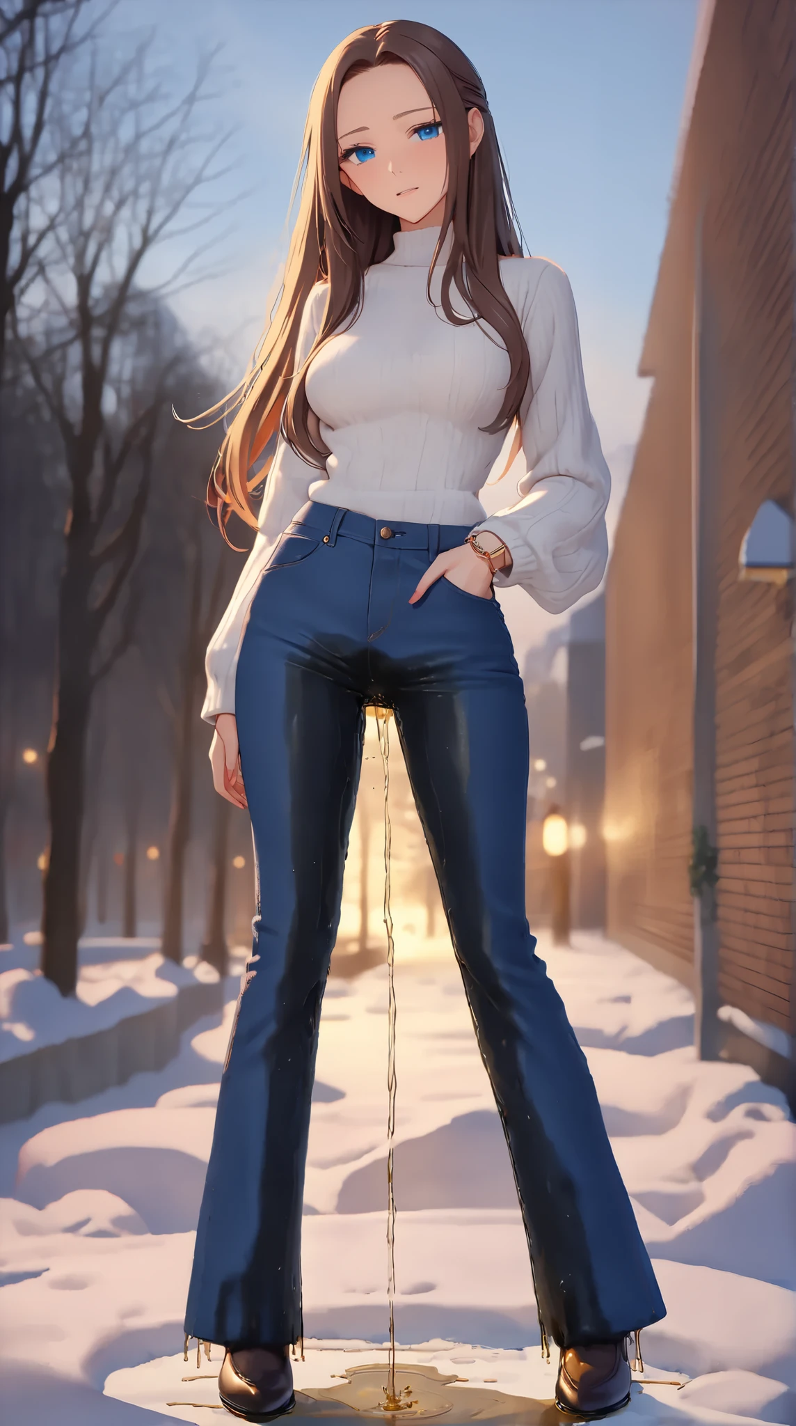 A youthful female with dazzling eyes and lovely long hair with perfect body:1.1 and medium breast is standing and (wetting herself:1.5). She is wearing a blue-flared jeans and casual-chic outfit. Outdoor setting in winter. Fashion photography. Looking at viewer in relief. (Best quality. Masterpiece:1.3. 16K. Detailed. Ultra high resolution). Soft natural lighting. Highly detailed face and skin texture. Detailed eyes. (Deep focus. Full body picture:1.5). Forehead.