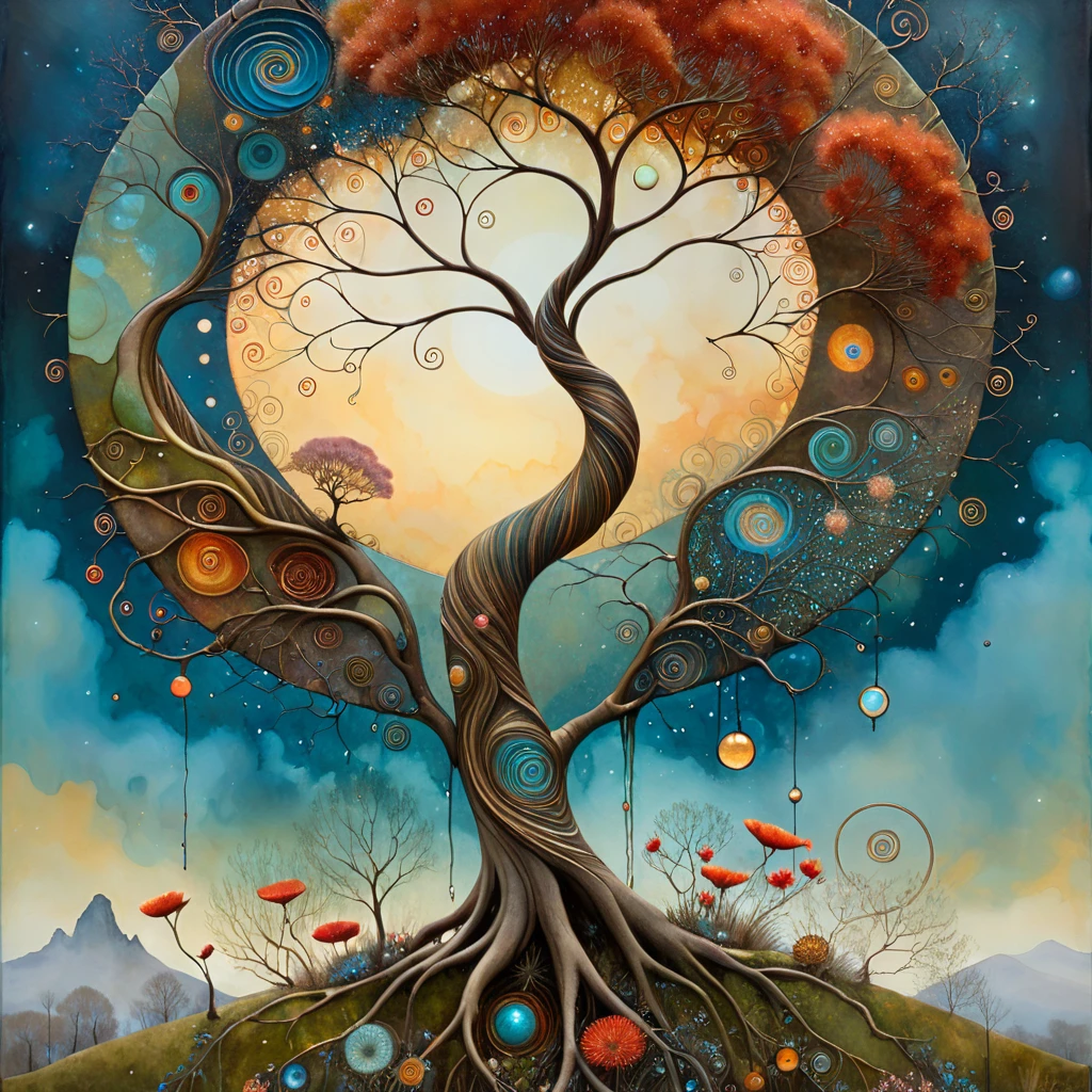 oil and acrylic painting. In the style of Andy Kehoe and Tracy Grimwood, Catrin Welz-Stein, Klimt. yggdrasill tree is naked woman on a tuff promontory. The tree's trunk is twisted, cracked, its branches are of transparent blown glass expanding toward the sky in ellipses , its large roots are of rusty metal and sink into the ground. Dandelion flowers, poppies, swamp flowers, cherry blossoms, peach blossoms bloom. Sun disc-shaped polychrome buds with marbled spirals, sun rays like strands of coral. Warm colors, ochre yellows, browns, shades of blue, reds .
