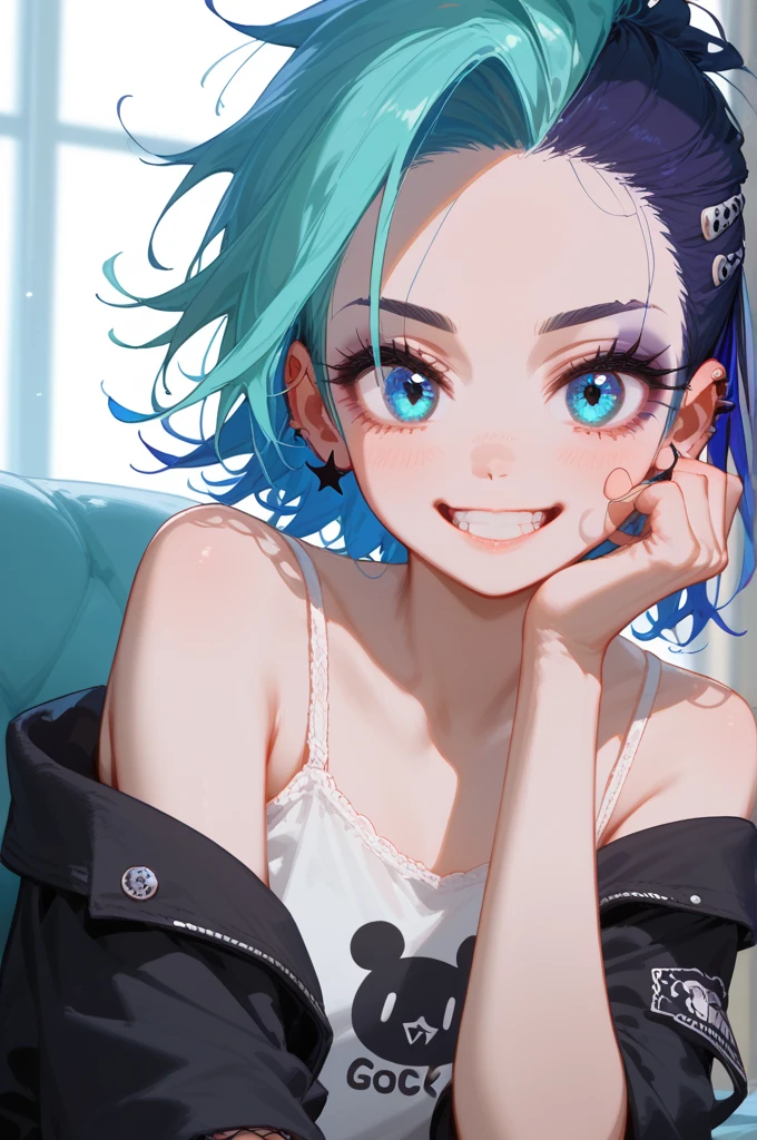 solo,(looking at viewer:1.2),((leaning foward:1.3)), (wariza),close up cute face,multicolor curly sideup hair, (tsurime), big forehead, eyelash, punk lady clothing, offshoulder, white camisole, pastel blue miniskirt, fishnet stockings, punk rock image, Sing a song、(diva),(I am the star）、grin