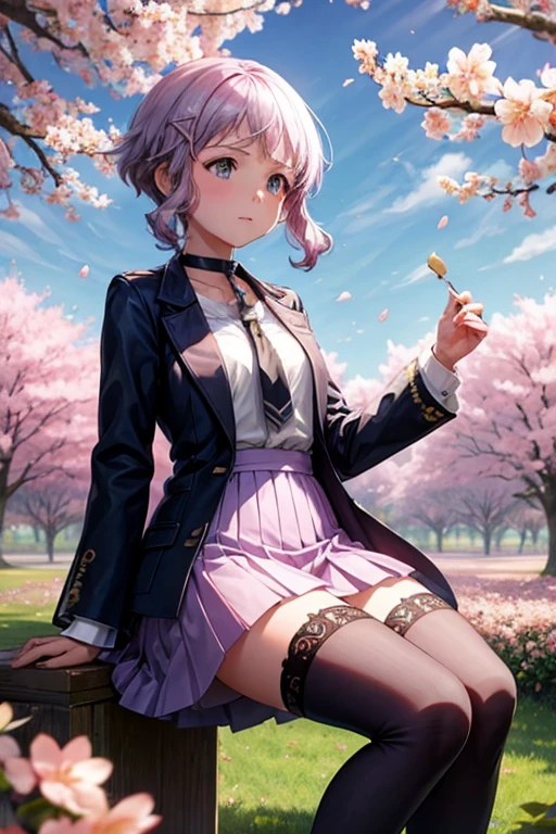 Shrinkage ratio ,  describes the depth of the boundary,  top quality,  shortcuts,  it's a nice day and it's windy , Alone,  Watch Viewers,  Dappled Sunshine, Cherry Blossom Petals ,  Detained ren , looked back, Shrinkage ratio ,  describes the depth of the boundary,  top quality, Yuitsuki Yukari,  it's a nice day and it's windy , Alone,  Dappled Sunshine, Cherry Blossom Petals ,  Detained ren , looked back, secretary, Purple-tinged hair,  small breasts,  not a good style , break,, hair ornament ,Purple Dress, Criss Cross Halter , food jacket , Long Sleeve , Purple neckerchief, Grey Skirt , black　 thigh high socks , boots, , short hair long locks , hair ornament , hair clip, choker, Criss Cross Halter 