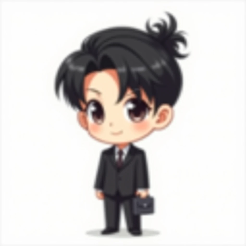 Cartoon of a ponytailed man in black suit standing in front of a white background. Cute cartoon character. Anime man in black suit. Cute character. Chibi man. Minimal cartoon style. Cute anime man portrait. Flat anime style. Cute kawaii man. Cute art style. Chibi anime man. Anime style characters. Cute digital art. Cute anime man. Black hair man.