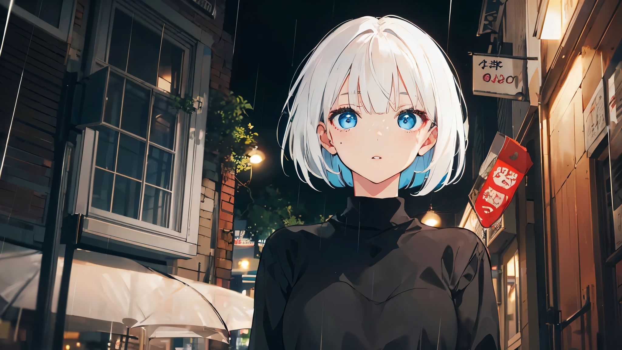 (from below), (slightly surprised expression, wide eyes, parted lips), 1girl, (upper body), (eyelashes), (dark eyelashes), (eyeliner), blue eyes, ((asymmetrical bangs, hair behind ear, hair over one eyebrow, bob cut)), (white hair), medium hair, medium breast, (hopeless:1.05), (black sweater, jeans), cinematic lighting, dramatic lighting, Sharp Focus, (Best Quality, masterpiece, detailed, facial focus), (bent over:0.7), ((rainy night, down street, front of cafe)), (looking viewer)