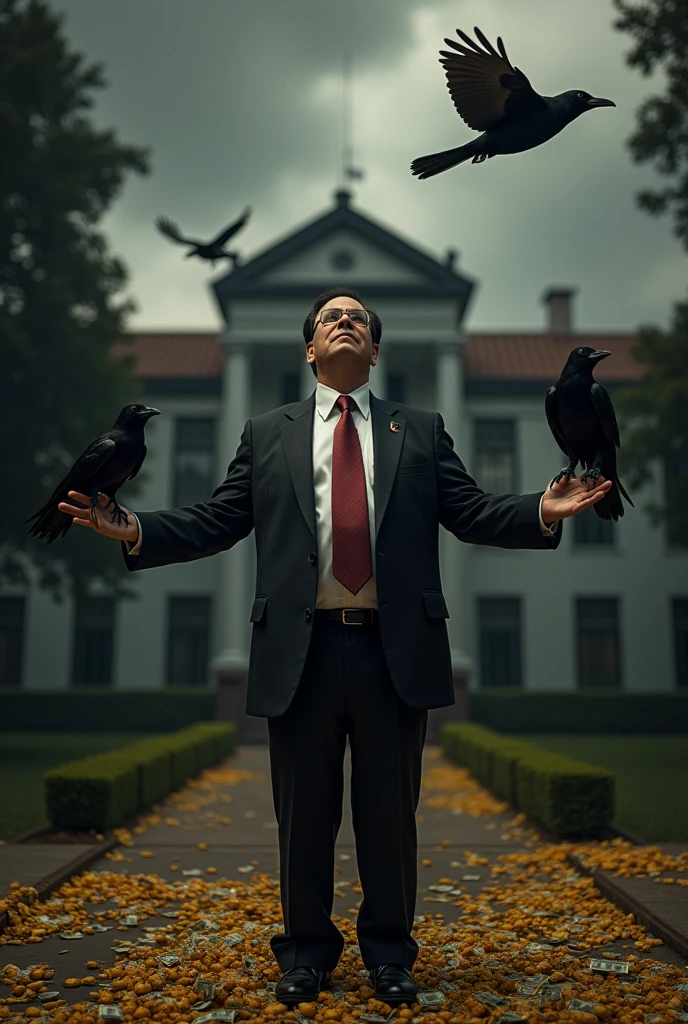  PRESIDENT OF Colombia Gustavo Petro with open arms looking at the sky,  and crows fly around him ,  The president has corn ,  and the crows want to sit on his hands to eat corn ,  on the floor there is a lot of money as a result of corruption .   In the background is the presidential house of Colombia casa de Nariño ,  in a dark and shady environment .
