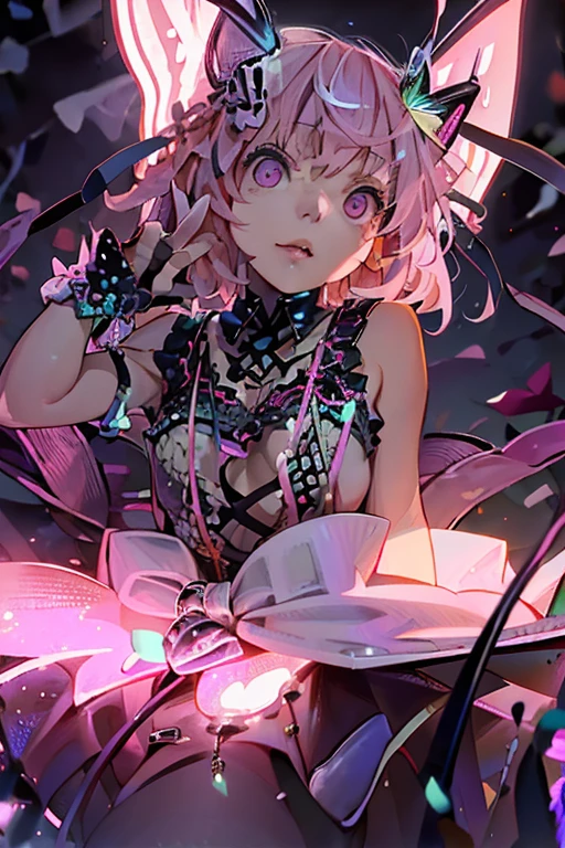  masterpiece,  High Definition , best quality,8k,Girl ，1girl in, Solo, 
(Saigyouji Yuyuko, butterfly, bug, hat, Pink hair, Triangular headpiece, Night, Pink eyes, Short hair, )