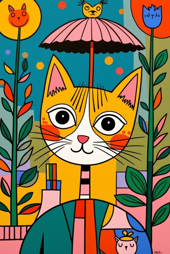 pretty illustration of cat, bright rustic palette, in the style of bold block prints, alice pattullo, Laurie hastings, claire halifax, soft, fauvist color explosions, miniature and small, paintings, stenciled iconography