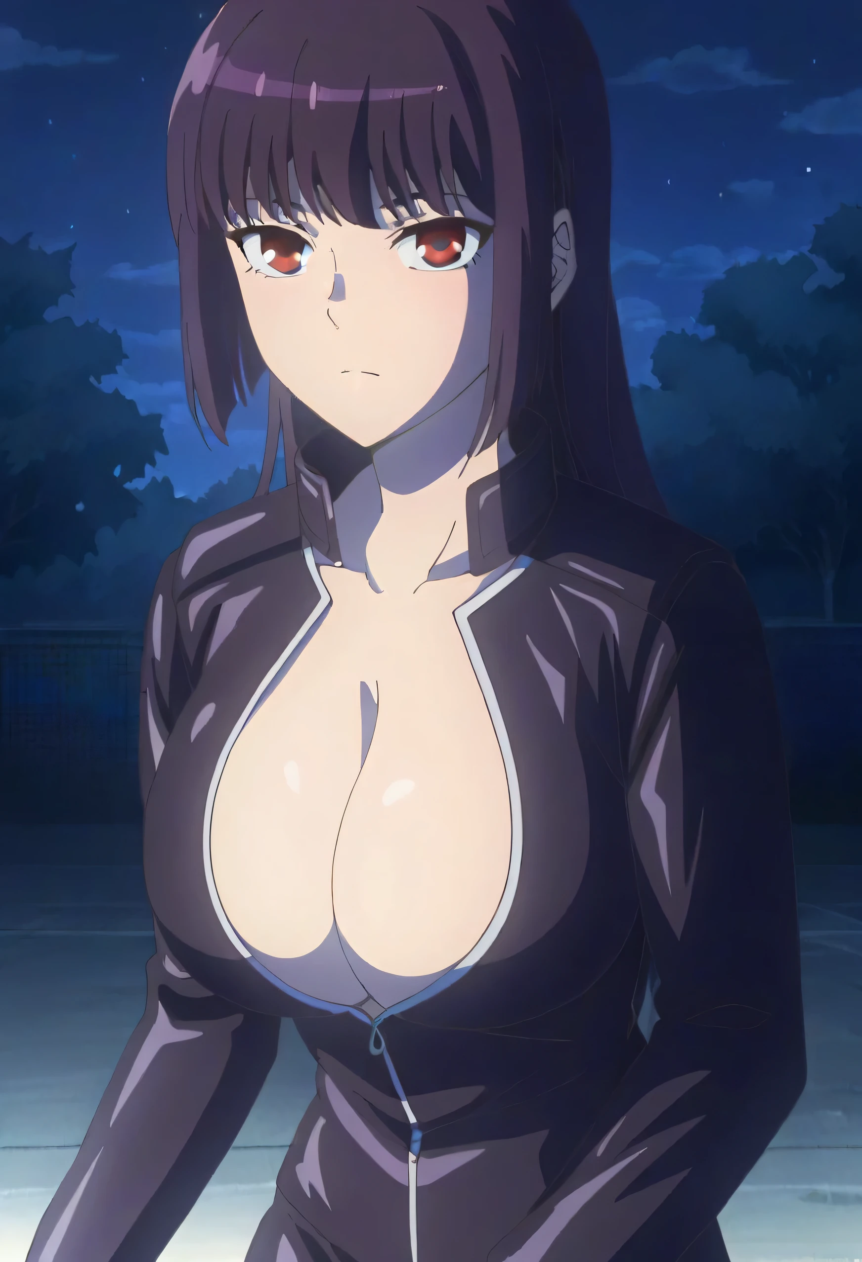 score_9, score_8_up, score_7_up, score_6_up, source_anime,anime screencap,anime coloring, uncensored, outside, night time, girl on a motorcycle,
Black hair, purple hair, Long hair, bangs, red eyes, huge breasts, collarbone, Motorcycle outfit, cleavage, cowboy shot, looking at the viewer,