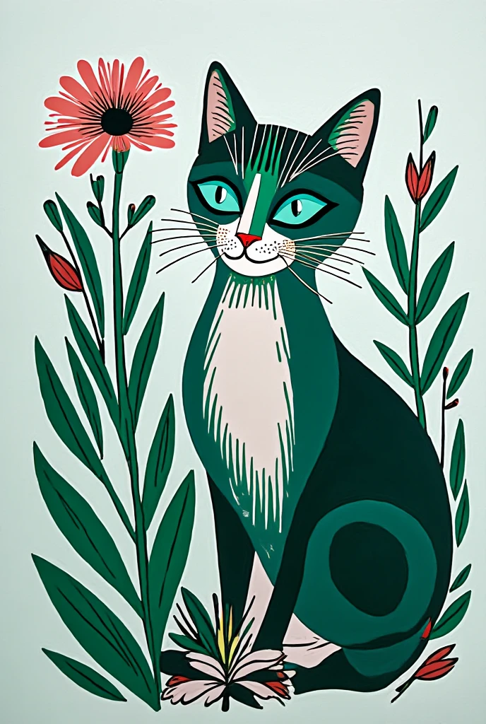 pretty illustration of cat, bright rustic palette, in the style of bold block prints, alice pattullo, Laurie hastings, claire halifax, soft, fauvist color explosions, miniature and small, paintings, stenciled iconography