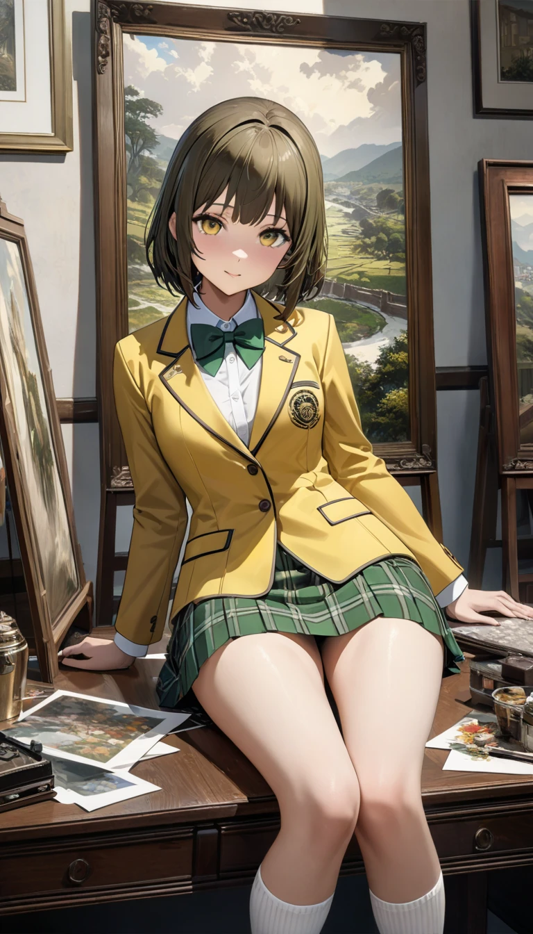 ((Highest quality、unity 8k wallpaper、32K、masterpiece、Very detailed、Ultra-high resolution、Ultra-high resolution、 Very detailed face, RAW Photos, Professional, Ultra-fine painting, Fine metal texture, Genuine)), Fujisaki Aya, yellow blazer, long sleeves, green bowtie, plaid miniskirt, green miniskirt, socks, loafers,model posing