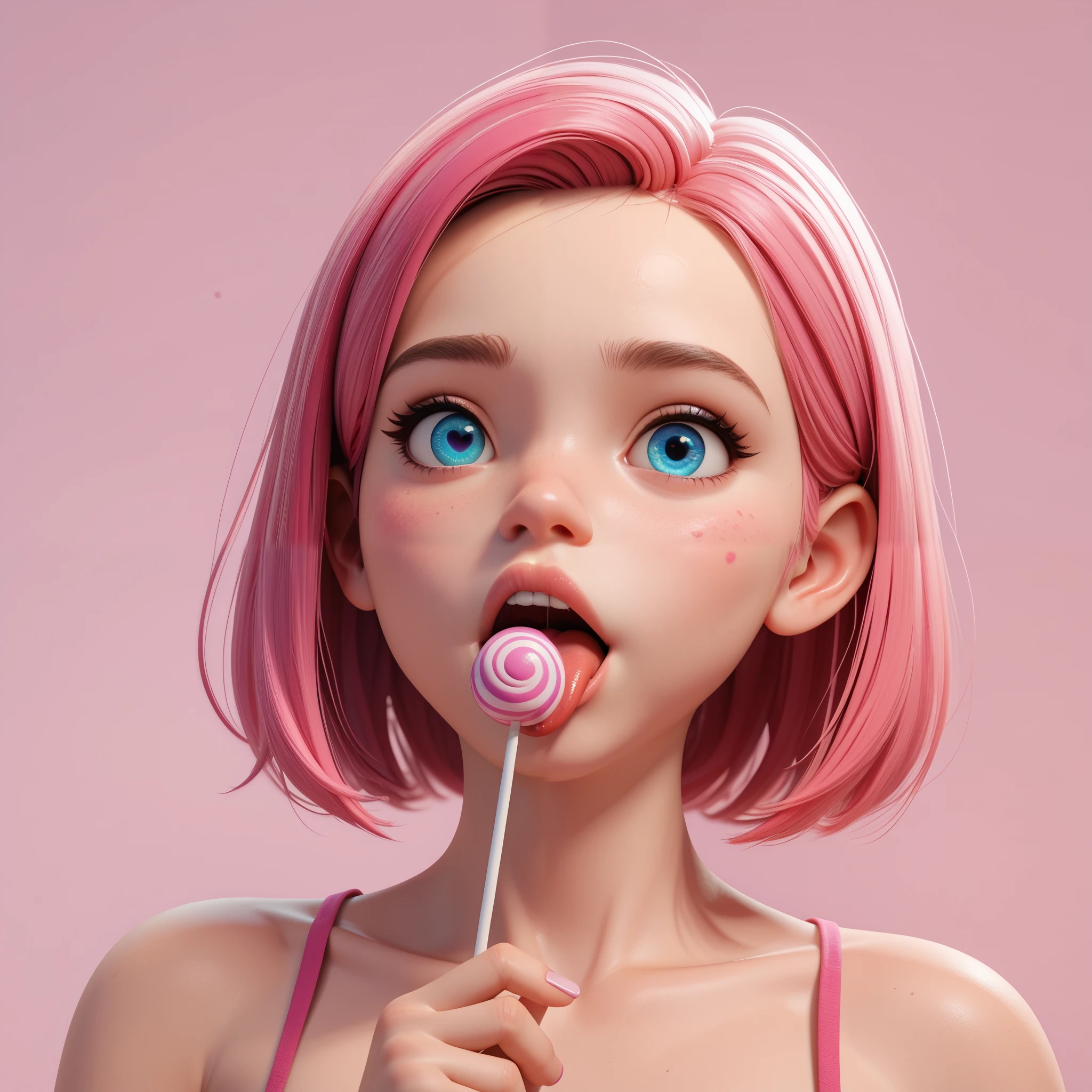 score_9, score_8_up, score_7_up, 3d render, lollipop, pink and white lollipop, lollipop in the center, one tongue, tongue on the side, licks lollipop, pink background