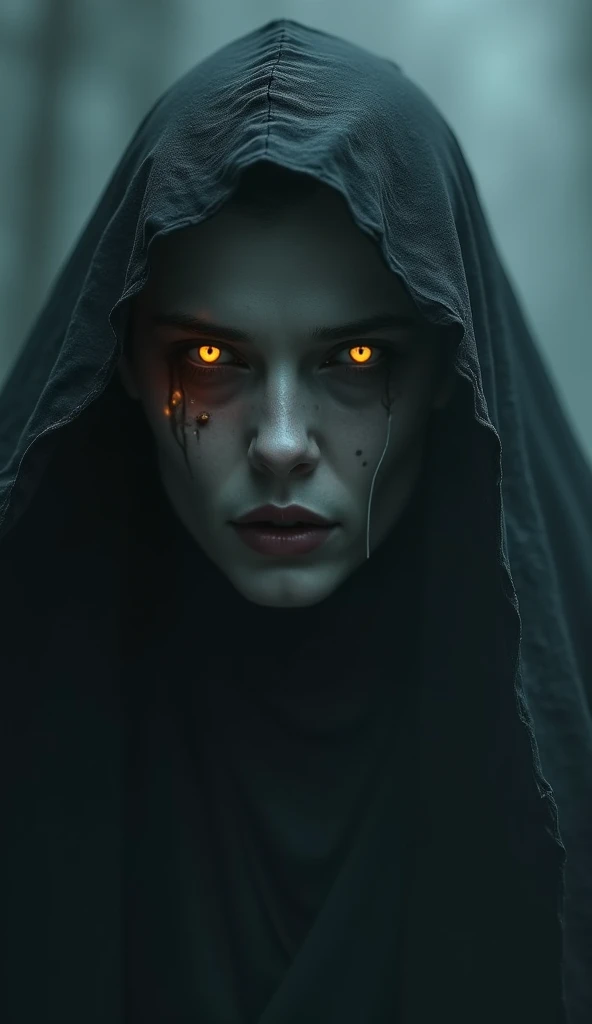((a female vampire's pair of glowing eyes shines)) close up picture, the fog hides the face, you see only the glowing eyes , you see only the pair of eyes, fantasy dark alley background, the fog fills the alley, you see only the glowing eyes