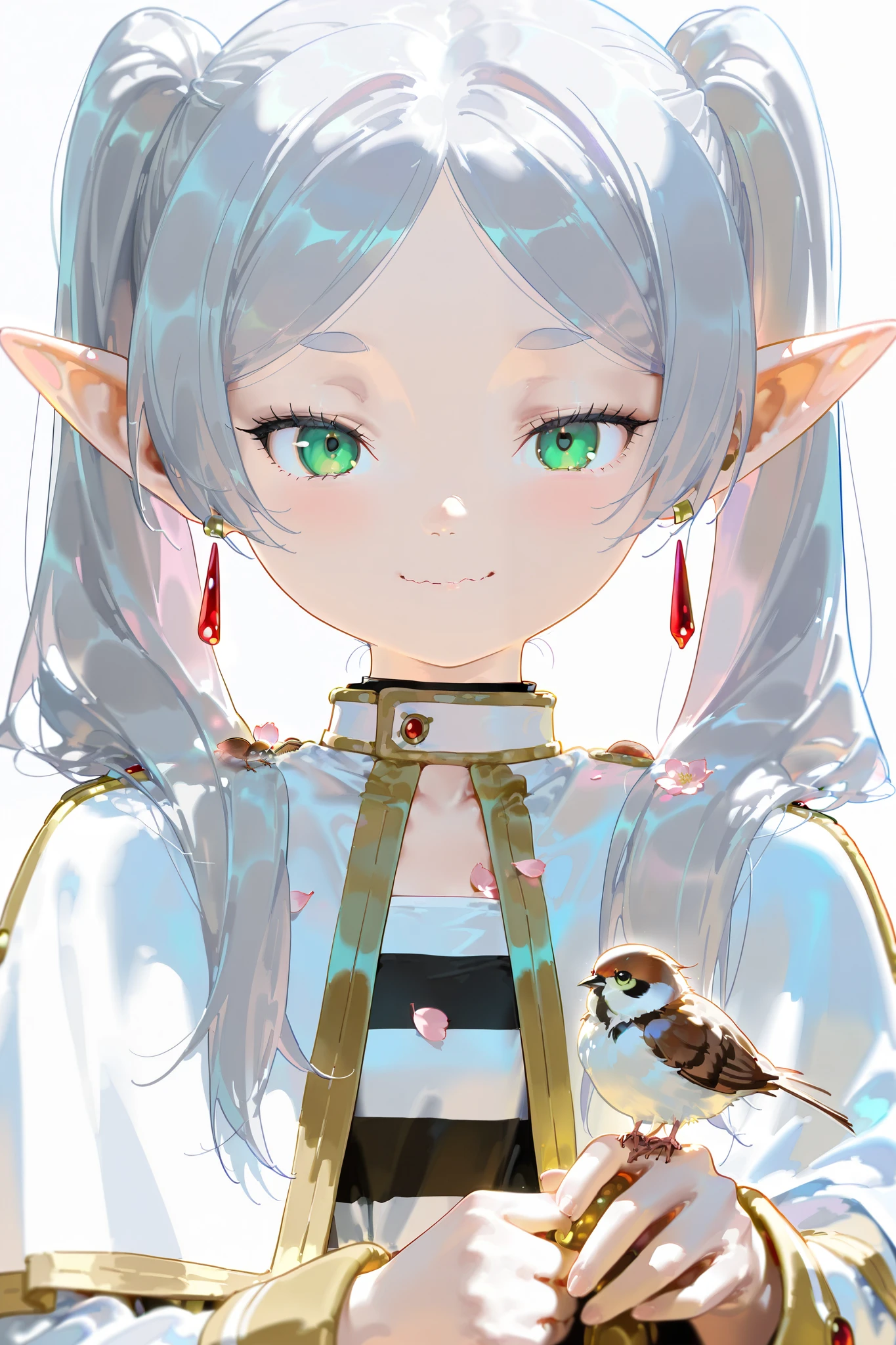 1girl, frieren, sousou no frieren, black shirt, capelet, closed mouth, elf, eurasian tree sparrow, flat chest, fluffed up, fluffy, gold trim, green eyes, grey hair, long hair, parted bangs, pointy ears, shirt, simple background, smile, solo, sparrow, striped clothes, striped shirt, twintails, upper body, white capelet, white shirt, holding, looking at viewer, bird on hand, flower, gold choker, jewelry, holding animal, pink flower, long sleeves, red gemstone, wavy mouth, petals, gem, white background, blush, hair over shoulder, earrings, dangle earrings, straight-on, collared shirt