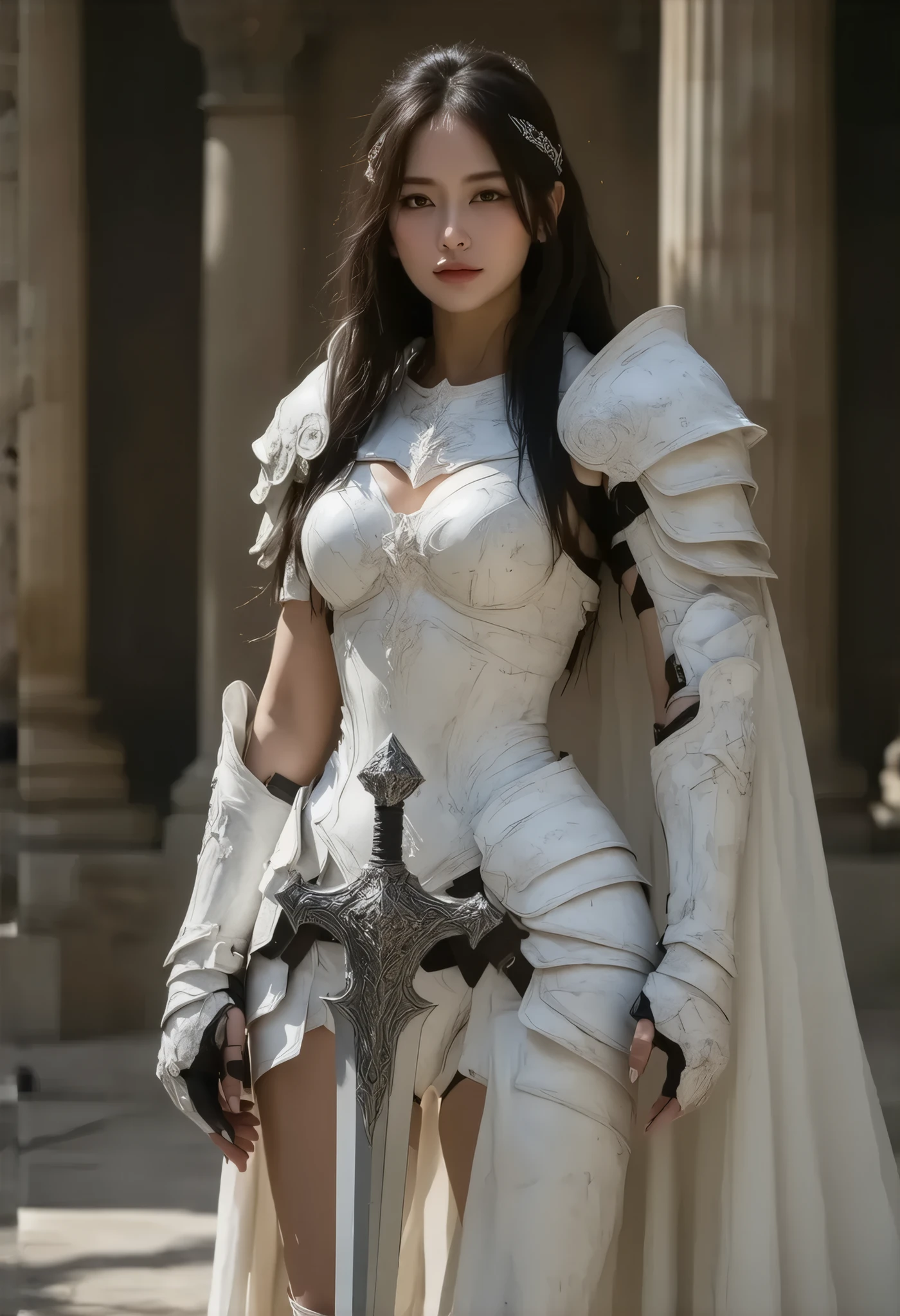 8K resolution, masterpiece, Highest quality, Award-winning works, unrealistic, sole sexy lady, healthy shaped body, 25 years old, black wavy long hair, hair band, (beautiful and huge bouncing firm ample breasts, deep cleavage:1.5) and a huge waist,, ancient roman military commander's armor, Pure white armor with a complex structure, royal coat of arms, Hold up Excalibur with both hands, elegant, Very detailed, Digital Painting, artステーション, コンセプトart, Smooth, Sharp focus, shape, artジャム、Greg Rutkowski、Alphonse Mucha、William Adolphe Bouguereau、art：Stephanie Law , Magnificent royal background, Royal Jewel, nature, Full Shot, Symmetric, Greg Rutkowski, Charlie Bowwater, beep, Unreal 5, Surreal, Dynamic Lighting, ファンタジーart, Complex colors, Colorful magic circle, flash,  dynamic sexy poses