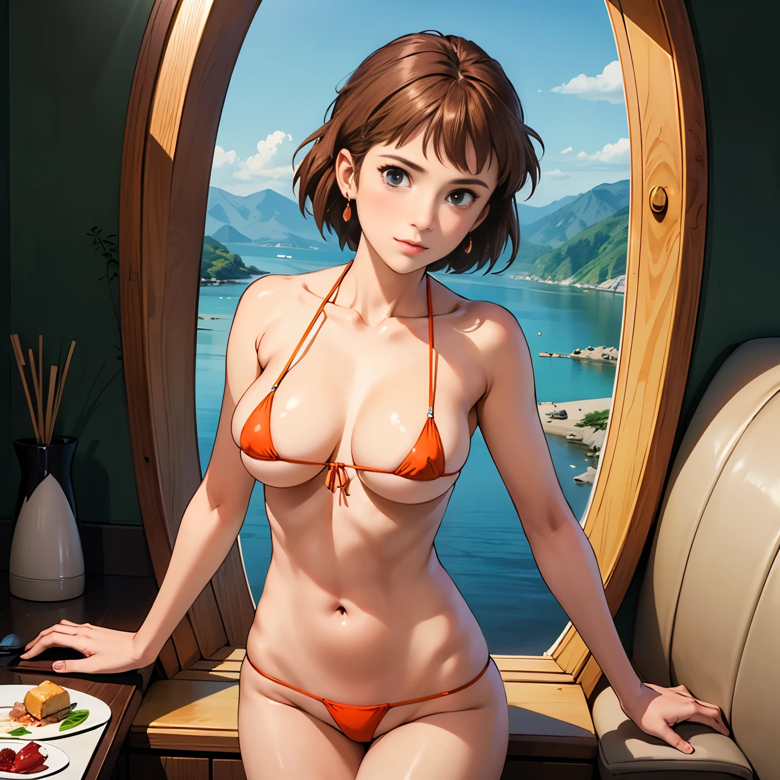 (((1 person:2.5))),(((Red Bikini:1.5))),(((Wear a gun belt with a holster:1.8))),((Put the watch on your wrist:1.5))),(((Showing cleavage))),(((Exposed thin inner thighs))),(((Small breasts:1.5))),(((Bare arms))),(((Put on your boots:1.5))),((Blushed:1.8)), Beautiful detailed girl, Very detailed目と顔, 緻密でBeautiful Eyes, Very detailed, High resolution, Highest quality, masterpiece, Very detailed, 8k wallpaper, wonderful, finely, Highest quality,(Standing in front of a wooden wall),Beautiful Eyes,((Engage your audience:1.5)),((Cowboy Shot:1.5))),((Front shot:1.2)),((Place your right hand on your chest:1.5)),((Drinking whiskey:1.4)),(((Drunk:1.8))),(((Sitting on a chair:1.2)))