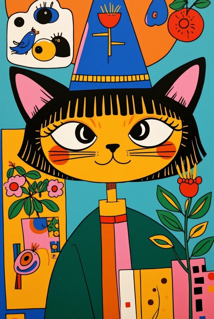 pretty illustration of cat, bright rustic palette, in the style of bold block prints, alice pattullo, Laurie hastings, claire halifax, soft, fauvist color explosions, miniature and small, paintings, stenciled iconography