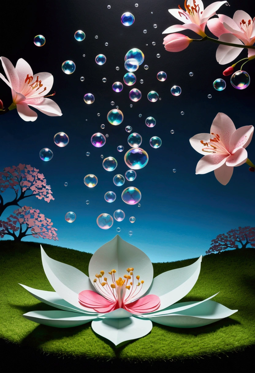 A cross-fade of two images, one of lily and cherry blossom petals created through a fusion of paper cutting and shadow art, the other of iridescent soap bubbles raining from the sky and gushing out of the ground, bold and dynamic, contrasts of light and shadow, 2.5D, artistic images art, ultra detailed, absolutely resolution, masterpiece