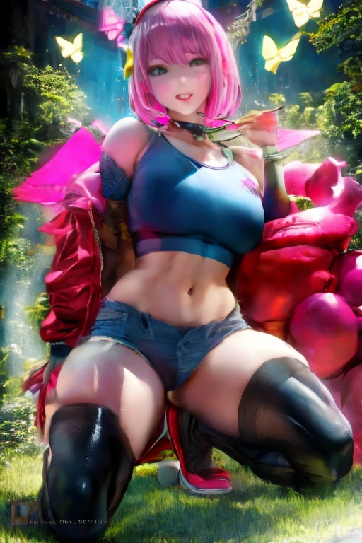 masterpiece,  High Definition , best quality,8k,Girl ，1girl in, Solo, 
(Saigyouji Yuyuko, butterfly, bug, hat, Pink hair, Triangular headpiece, Night, Pink eyes, Short hair, )

nfsw,
(Completely naked,Big Breasts，shiny oild skin, )
（ crotch is not drawn,)