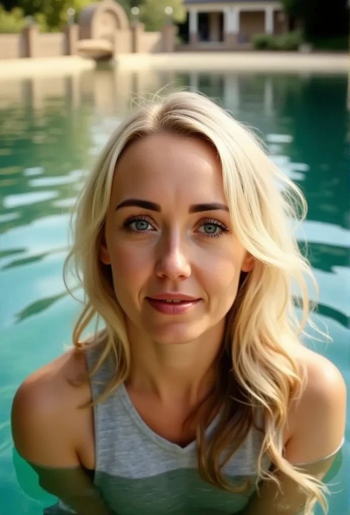 a beautiful blonde woman emerging from a tranquil lake, detailed facial features, (best quality,4k,8k,highres,masterpiece:1.2),ultra-detailed,(realistic,photorealistic,photo-realistic:1.37),HDR,UHD,studio lighting,ultra-fine painting,sharp focus,physically-based rendering,extreme detail description,professional,vivid colors,bokeh,portrait,photography,warm color tones,natural lighting