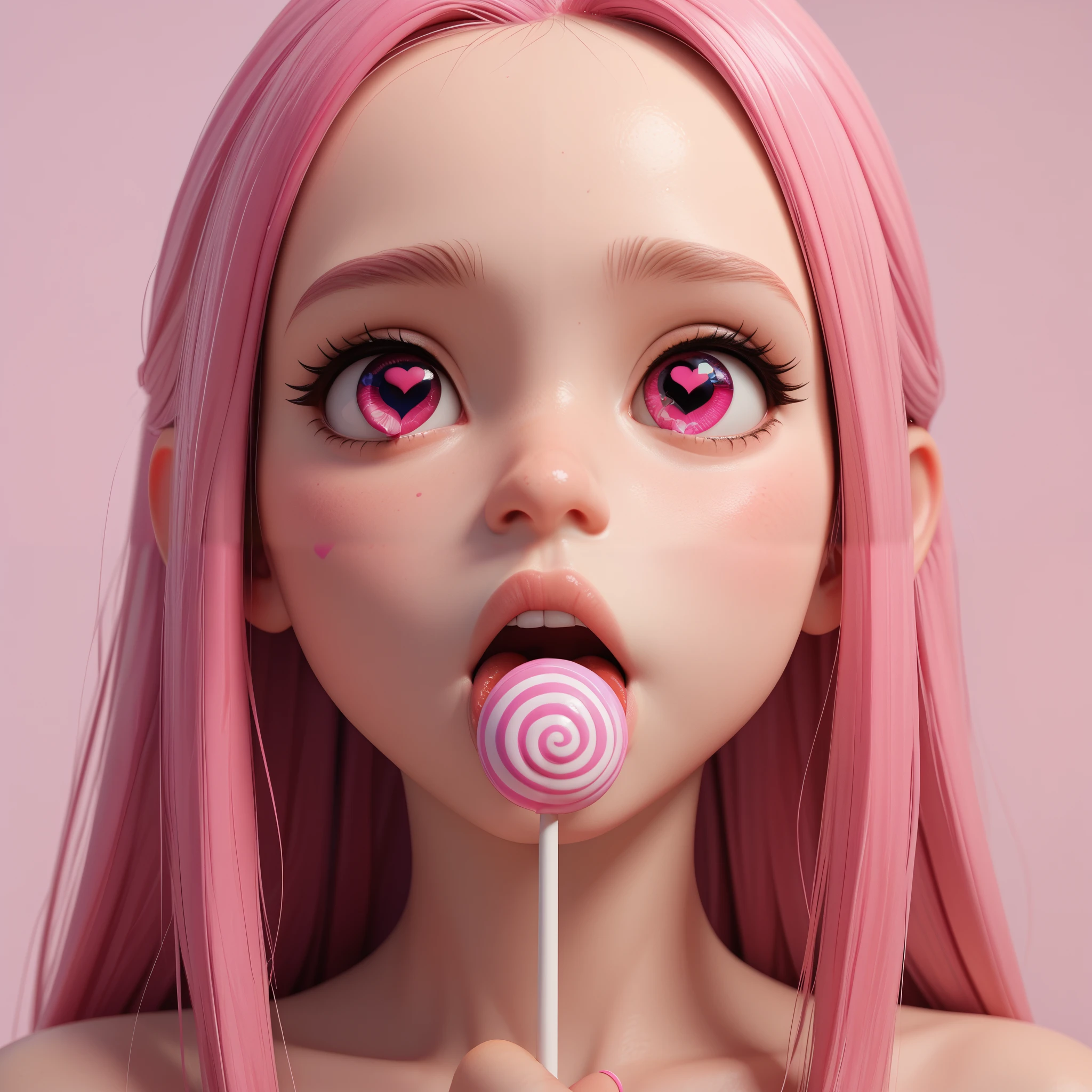 score_9, score_8_up, score_7_up, 3d render, 1girl, pink long hair, pink eyes, heart in eyes, (lollipop:1.2), (licking lollipop:1.2), pink and white lollipop, 🍭, close up, face close up, pink background, nude,