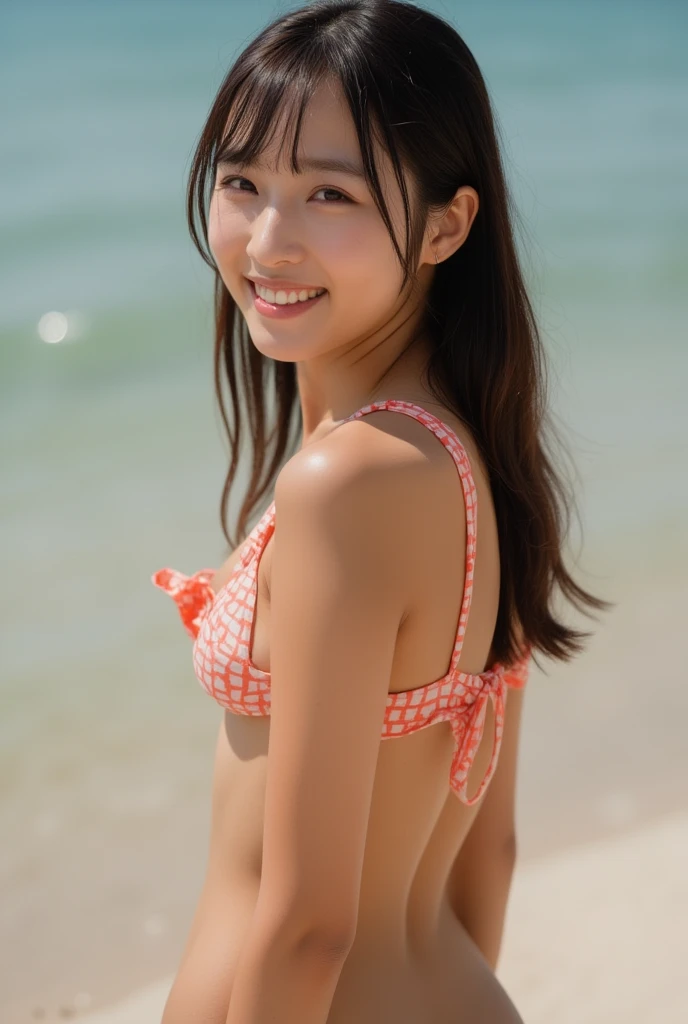 A Japanese girl, 16years old, slender,bangs,long hair,smile,small face,upper_body,Fluorescent shiny micro bikini,chest,  high definition ,  blush,  open her mouth  , masterpiece,  top quality,  anatomically correct,