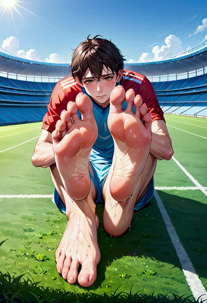 Barefoot young man sitting with legs stretched forward, , size 45 feet, sweaty and smelly feet with only five toes, bare feet, smelly feet, football field, sunny, 8K, feet highly clear